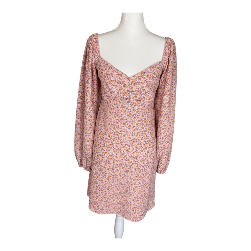 WAYF Pink Floral Smocked Back Ruched Sweetheart Mini Dress XL Long Sleeve